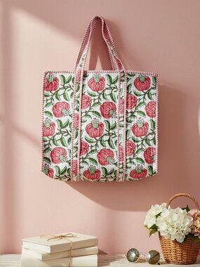 Reusable Quilted Cotton Tote Bag – Hand Screen-Printed Floral Design Pink